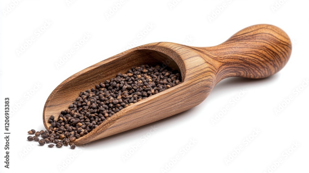 73.Front view of a wooden scoop filled with Organic Black Sesame (Sesamum indicum) Seeds. Isolated on a white background 73.Front view of a wooden scoop filled with Organic Black Sesame (Sesamum indicum) Seeds. Isolated on a white background