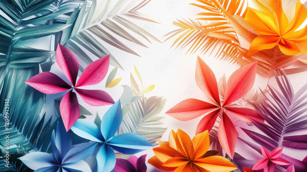 Vibrant paper flowers and tropical leaves create a summery, colorful backdrop Vibrant paper flowers and tropical leaves create a summery, colorful backdrop