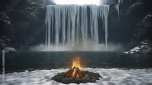 Frozen Waterfall Winter Campfire Scene photo