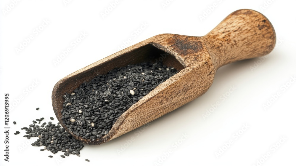 77.A close-up of a wooden scoop packed with shiny black sesame seeds, with a few seeds spilling over, isolated on white for a sharp, clean presentation. 77.A close-up of a wooden scoop packed with shiny black sesame seeds, with a few seeds spilling over, isolated on white for a sharp, clean presentation.