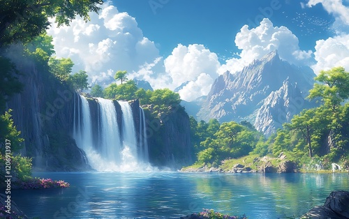 Serene Waterfall Lake Landscape Summer Scene