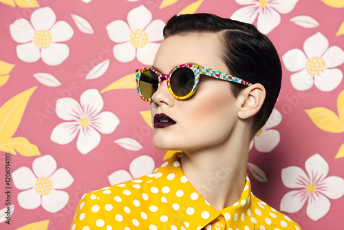A woman with dark hair and a yellow polka-dot shirt, wears floral sunglasses, against a pink background with white flower designs.