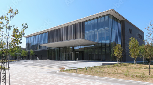 Modern glass-fronted building, spacious plaza, landscaped grounds