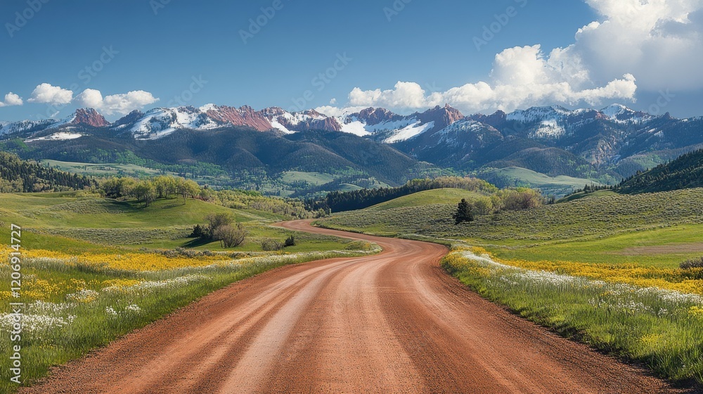 Winding dirt road leads through vibrant meadows and majestic mountains under a bright blue sky Winding dirt road leads through vibrant meadows and majestic mountains under a bright blue sky