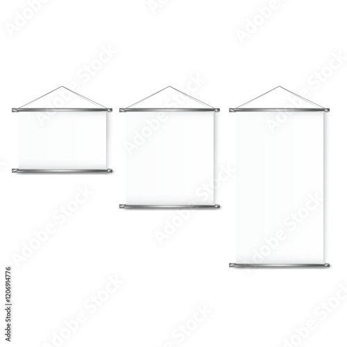 Set of Blank Hanging Scroll Posters with Metal Bars Vector illustration