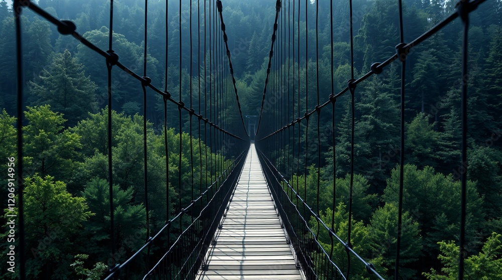 Obraz premium Suspension bridge stretching across verdant forest landscape in misty conditions