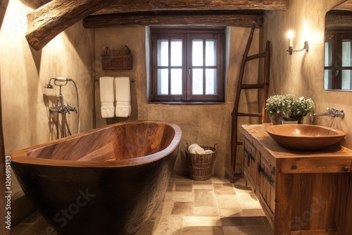 Rustic wooden bathroom with...