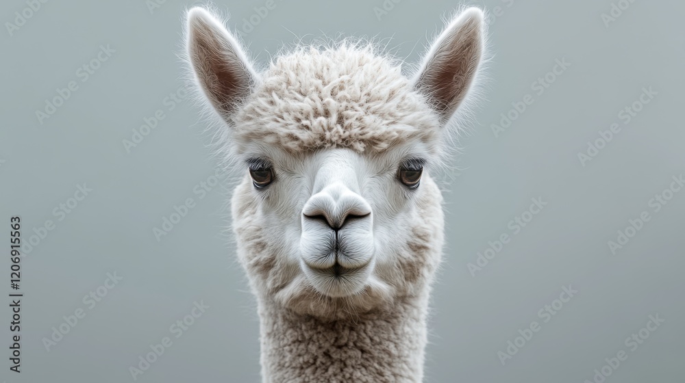Fototapeta premium Majestic llama with soft fur gazes intently amidst a muted background on a tranquil afternoon