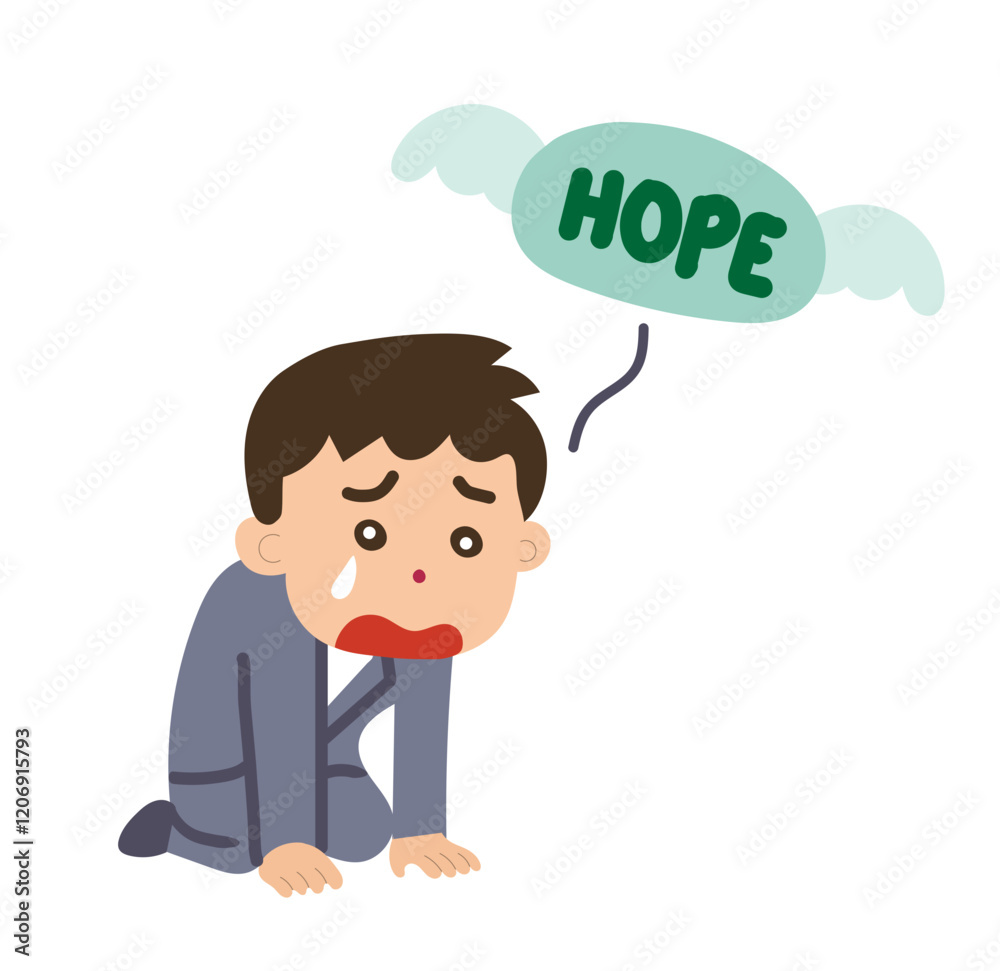 Hopeful Man Kneeling, Crying, Despair, Reaching for Hope. Hopeful Man Kneeling, Crying, Despair, Reaching for Hope.