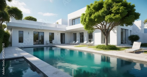 a stunning green tree is positioned next to a beautiful blue-pool in front of an elegant white building  elegant  modern