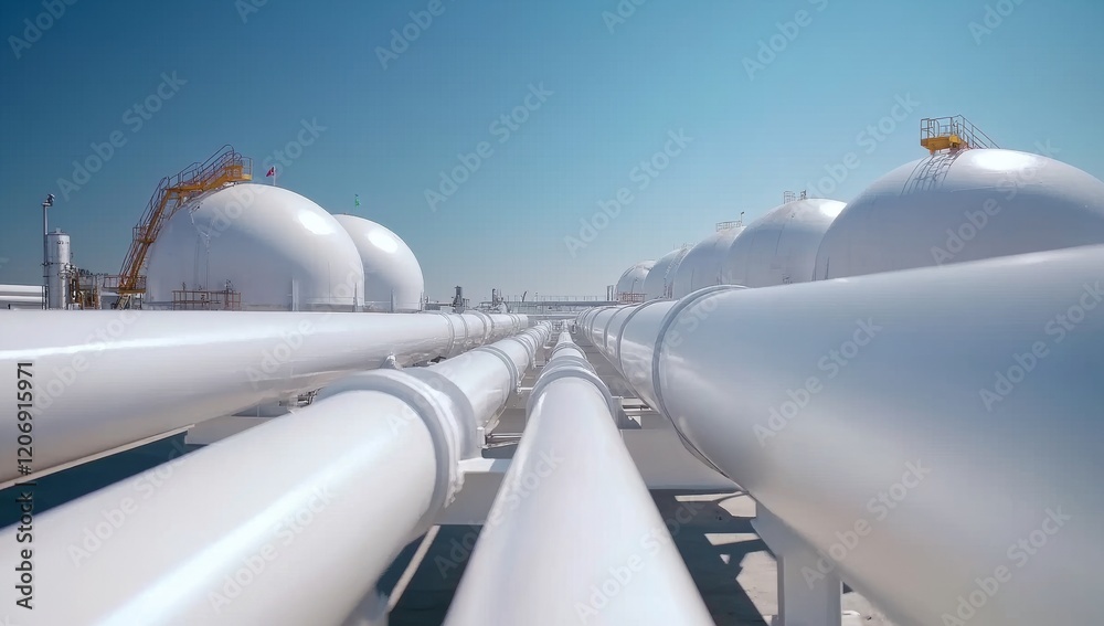 Industrial gas plant with large steel pipes and storage tanks Industrial gas plant with large steel pipes and storage tanks