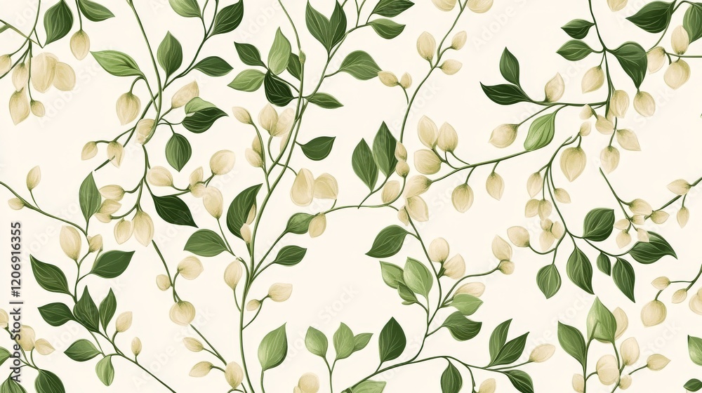 92.A seamless vector pattern of sesame plants with intricate green leaves and beige pods, arranged uniformly on a soft cream-colored background for a delicate and natural design. 92.A seamless vector pattern of sesame plants with intricate green leaves and beige pods, arranged uniformly on a soft cream-colored background for a delicate and natural design.