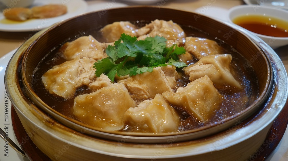 97.Steamed wonton dumpling stuffed with minced pork and chicken eating with sesame oil sauce 97.Steamed wonton dumpling stuffed with minced pork and chicken eating with sesame oil sauce