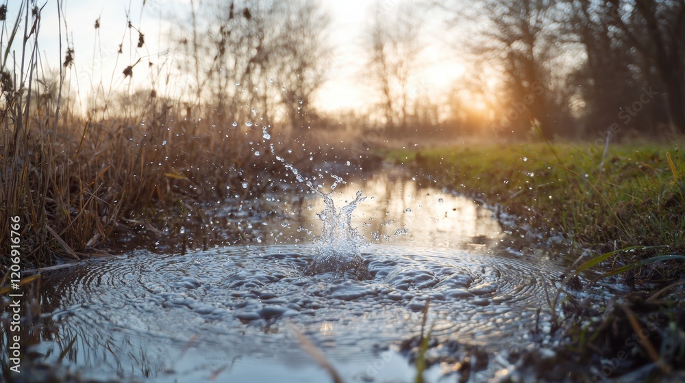 Splashing water drops create ripples at sunset in a tranquil nature stream Splashing water drops create ripples at sunset in a tranquil nature stream