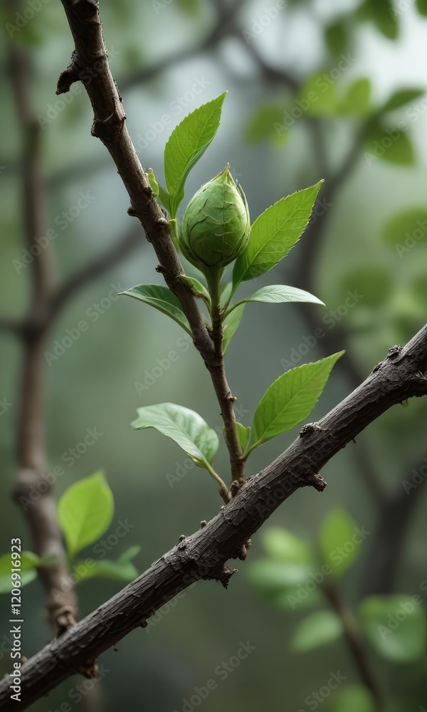 A tiny green bud nestled on a branch with exposed twigs and leaves, green, budding A tiny green bud nestled on a branch with exposed twigs and leaves, green, budding