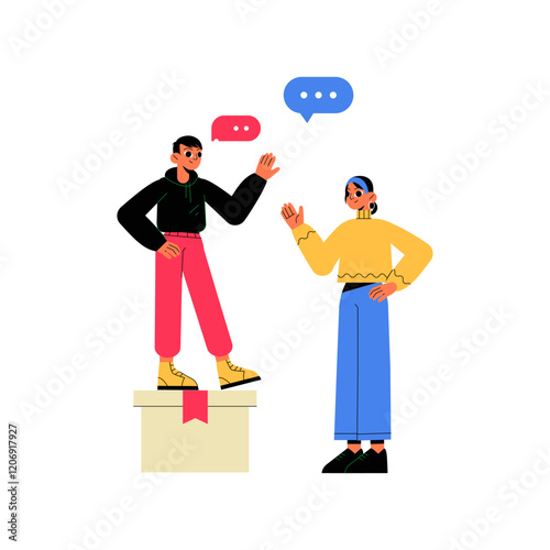 Male And Female Characters Having A Conversation On Podium With Gift Box In Flat Vector Illustration Symbolizing Communication, Debate, And Celebration, Isolated On White Background.