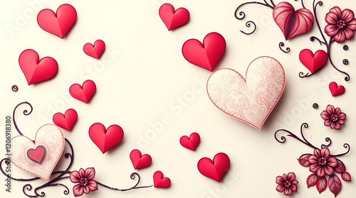 Delicate pink background and pink hearts cut out of paper. Greeting card. Flat lay, top view, copy space. Share your love story with this sweet Valentine’s Day composition.