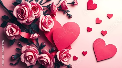 Delicate pink background and pink hearts cut out of paper. Greeting card. Flat lay, top view, copy space. A minimalist design to convey deep feelings of love.