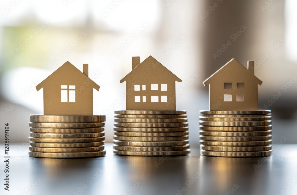 Three house models on stacked coins representing real estate investment Three house models on stacked coins representing real estate investment