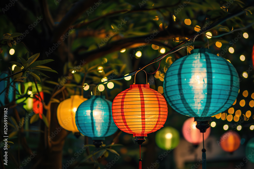 Obraz premium Beautiful holiday composition for happy celebrate chinese festival of lanterns, abstract vivid composition consists of fictional unreal fantastic vision on background
