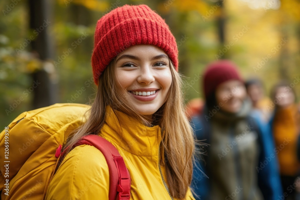 Smiling woman hiker in autumn forest with friends Smiling woman hiker in autumn forest with friends