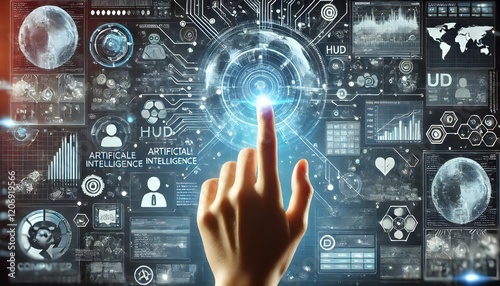 Technology artificial intelligence digital ai hand concept on cyber future business tech science innovation futuristic network strategy background virtual data communication learning assistant search.