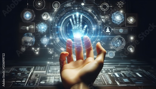 Technology artificial intelligence digital ai hand concept on cyber future business tech science innovation futuristic network strategy background virtual data communication learning assistant search.