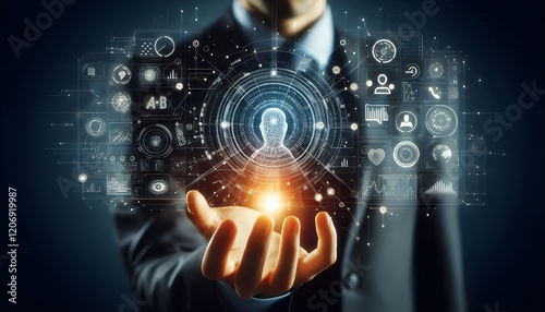 Technology artificial intelligence digital ai hand concept on cyber future business tech science innovation futuristic network strategy background virtual data communication learning assistant search.