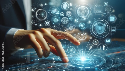 Technology artificial intelligence digital ai hand concept on cyber future business tech science innovation futuristic network strategy background virtual data communication learning assistant search.