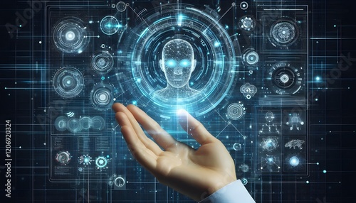 Technology artificial intelligence digital ai hand concept on cyber future business tech science innovation futuristic network strategy background virtual data communication learning assistant search.