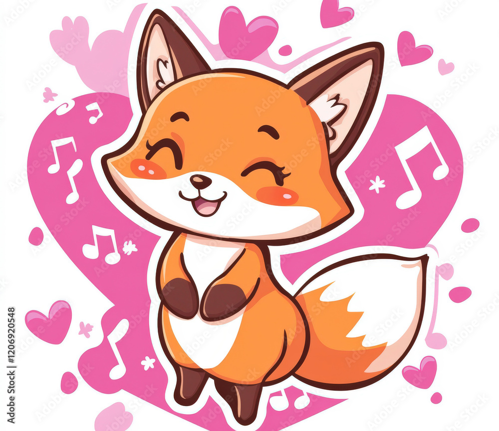 Cute Cartoon Fox Character Smiling with Musical Notes and Hearts in Bright Colors for Fun and Whimsical Designs and Illustrations Cute Cartoon Fox Character Smiling with Musical Notes and Hearts in Bright Colors for Fun and Whimsical Designs and Illustrations