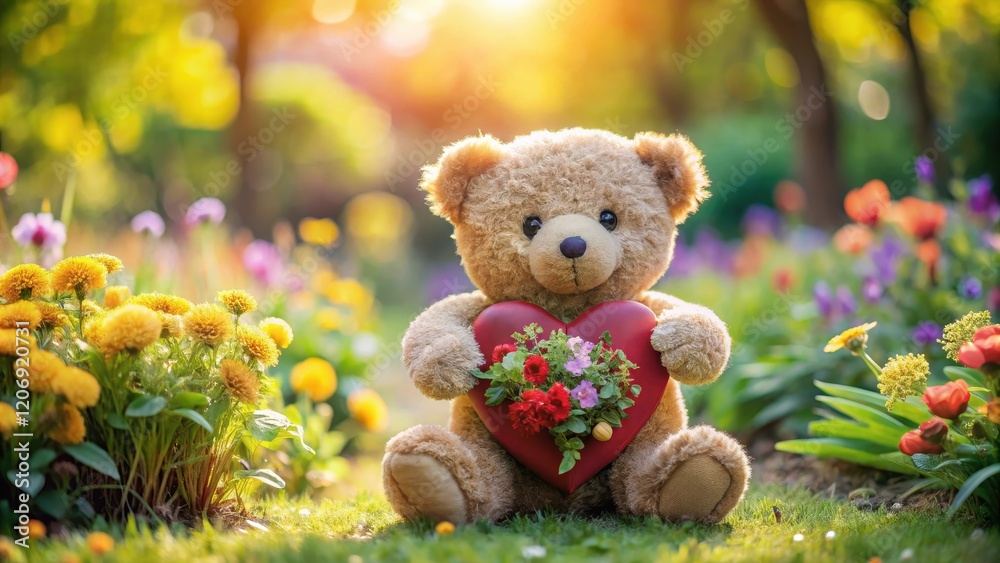 Fototapeta premium Teddy bear holding a heart made of flowers, garden, heart, garden, heart, emotional connection, tender touch , flowers