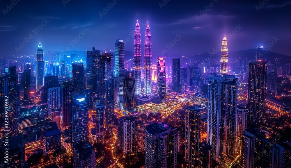 Obraz premium Night cityscape panorama with illuminated skyscrapers and towers.