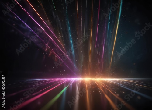 Abstract colorful light beams on dark background, sparkles, magic