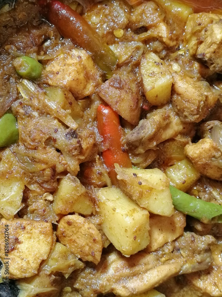 Bresse chicken curry is the most testier food item in the world. Different parts of cooked chicken curry mixed with different kinds of seasonal vegetables Bresse chicken curry is the most testier food item in the world. Different parts of cooked chicken curry mixed with different kinds of seasonal vegetables