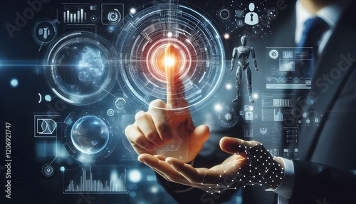 Technology artificial intelligence digital ai hand concept on cyber future business tech science innovation futuristic network strategy background virtual data communication learning assistant search.