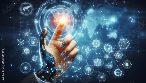 Technology artificial intelligence digital ai hand concept on cyber future business tech science innovation futuristic network strategy background virtual data communication learning assistant search.