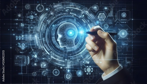 Technology artificial intelligence digital ai hand concept on cyber future business tech science innovation futuristic network strategy background virtual data communication learning assistant search.