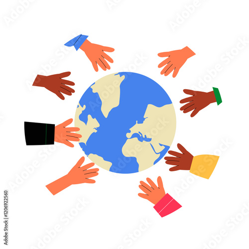 Hands Of Diverse Individuals Reaching Toward Earth In Flat Vector Illustration Symbolizing Unity, Diversity, And Global Cooperation, Isolated On White Background