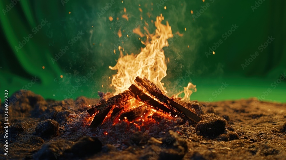 Naklejka premium A Campfire with Glowing Embers and Smoke against a Green Screen Background