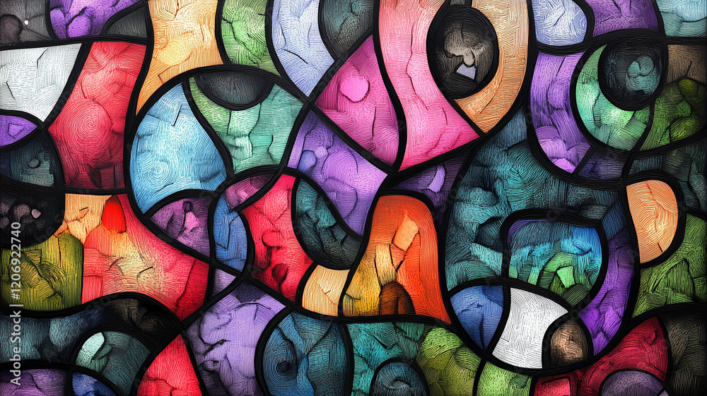 Colorful abstract geometric illustration with visible brush strokes, featuring vibrant hues and intricate patterns that evoke sense of creativity and movement Colorful abstract geometric illustration with visible brush strokes, featuring vibrant hues and intricate patterns that evoke sense of creativity and movement
