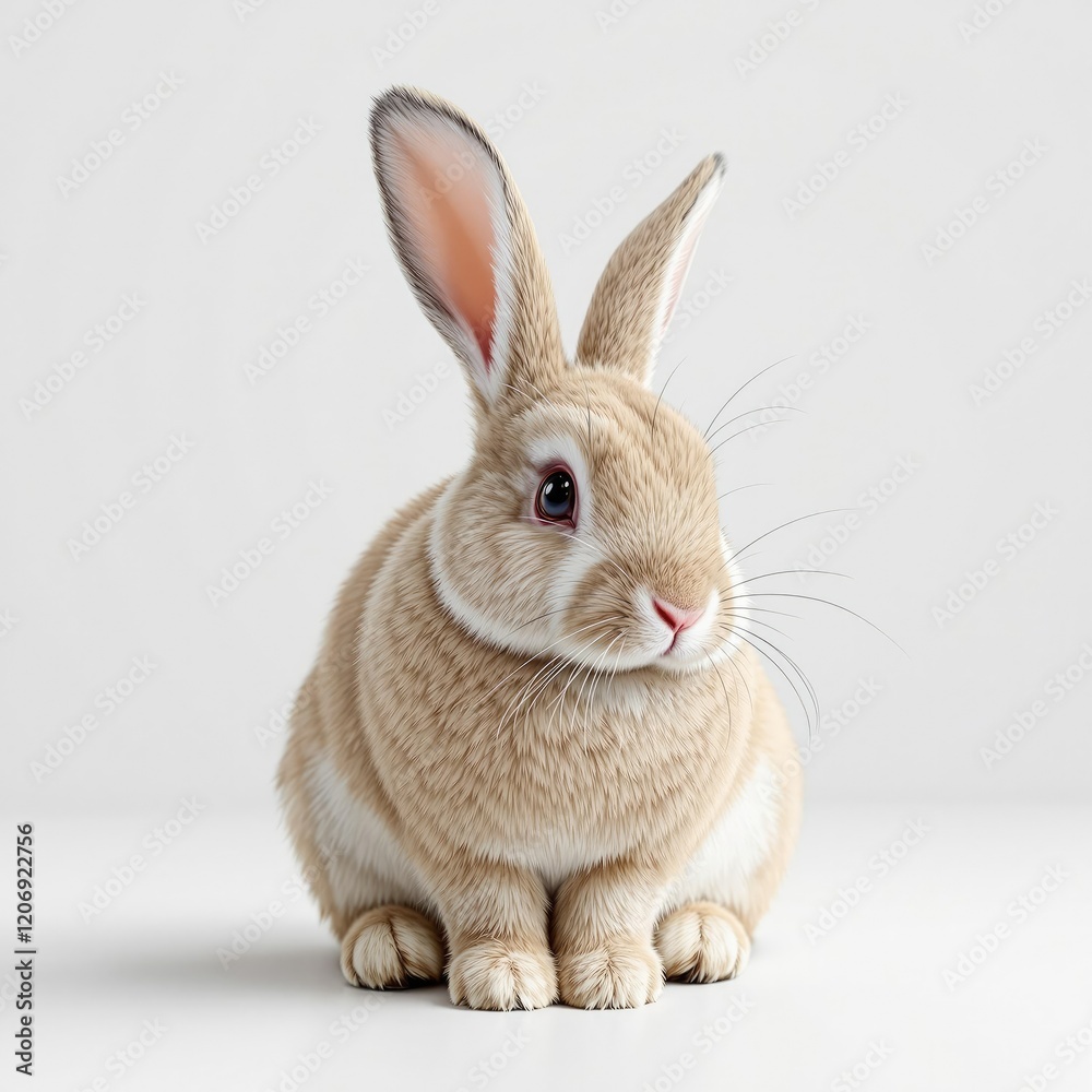 Obraz premium Adorable domestic rabbit sitting peacefully against a white backdrop, rabbit, peaceful, cute, background
