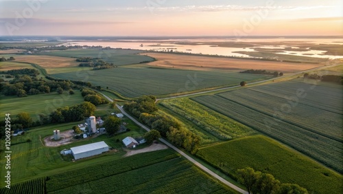 Aerial view of a farm with fields and crops near the Horicon Marsh Wildlife Area at sunrise, countryside, farms photo