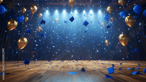 festive stage decorated with blue and gold balloons, confetti, and envelopes, creating celebratory atmosphere for graduation or event