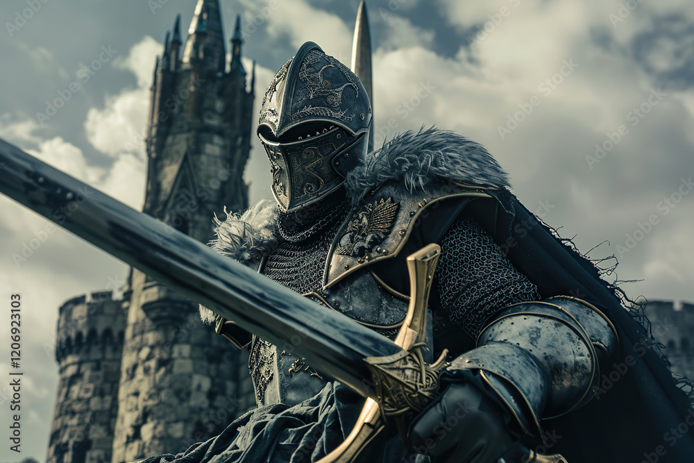 Naklejka premium Fantastic beautiful royal knight in iron armor guards castle chambers, abstract vivid composition consists of fictional unreal fantastic vision on background