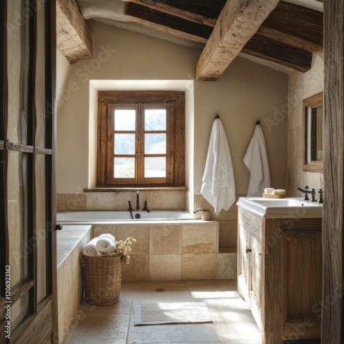 Rustic Bathroom With Exposed Wooden Beams And Stone Tile photo