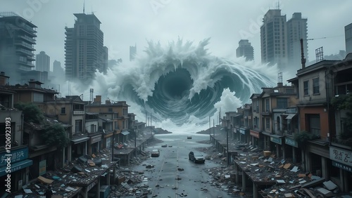 Massive tidal wave engulfs deserted cityscape photo