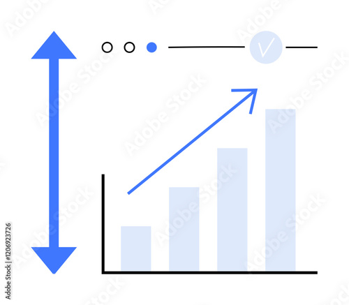 Vertical double arrow next to bar chart with ascending bars and upward arrow, set of three circular icons. Ideal for business, finance, growth, progress, success, development performance. Line