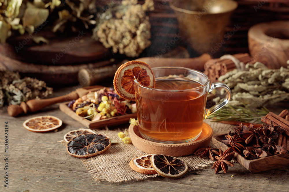 Tea with ingredients and slices of dried oranges. Tea with ingredients and slices of dried oranges.