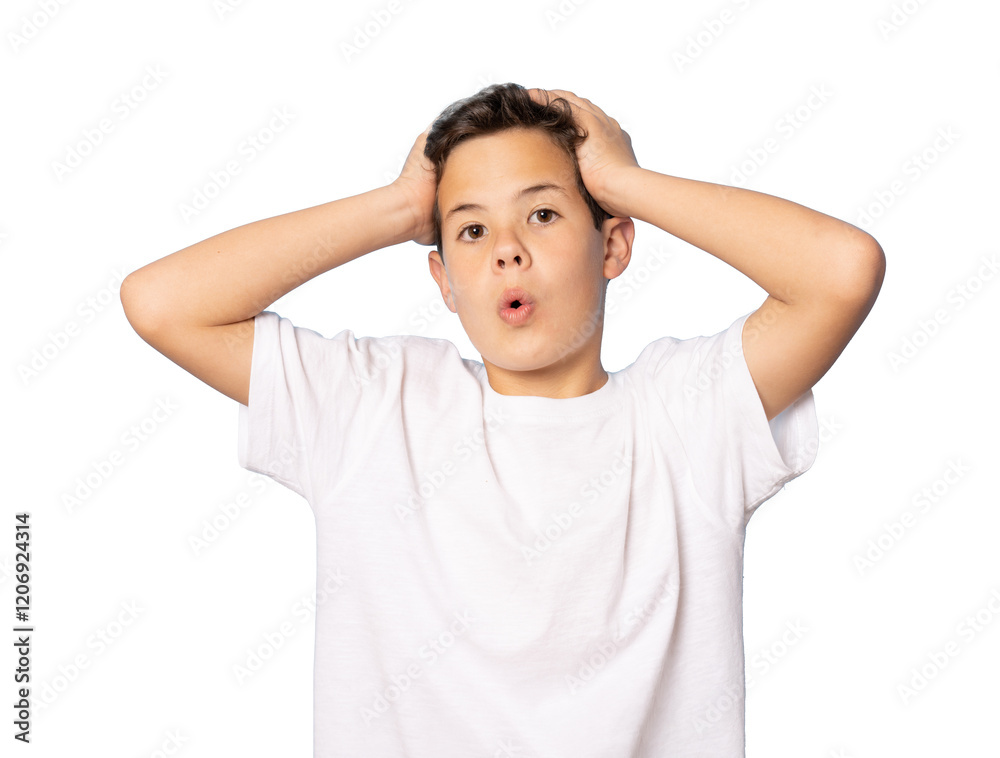 Excited young boy in casual t-shirt standing isolated over transparent background. PNG transparent. Excited young boy in casual t-shirt standing isolated over transparent background. PNG transparent.